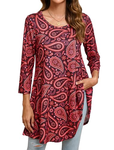 Enmain Damen Tunika Top 3/4 Langarm Tunika Longshirt Lockere Bluse Oberteile Casual Elegant Rundhals Top Shirts Sommer Frühling Rot M von Enmain