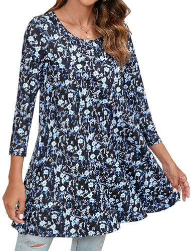 Enmain Damen Tunika Top 3/4 Langarm Tunika Longshirt Lockere Bluse Oberteile Casual Elegant Rundhals Top Shirts Sommer Frühling Schwarz S von Enmain
