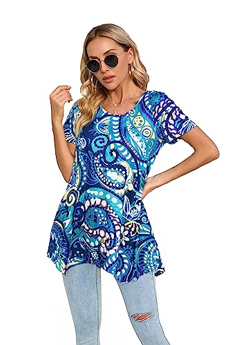 Enmain Damen Tunika Top Kurzarm Blusen Tuniken Longline Bluse Longshirt Casual Elegante Rundhals Swing Tunika Tops für Damen Blau 2XL von Enmain