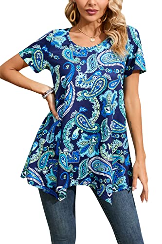 Enmain Damen Tunika Top Kurzarm Blusen Tuniken Longline Bluse Longshirt Casual Elegante Rundhals Swing Tunika Tops für Damen Blau M von Enmain