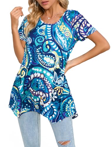 Enmain Damen Tunika Top Kurzarm Blusen Tuniken Longline Bluse Longshirt Casual Elegante Rundhals Swing Tunika Tops für Damen Blau XL von Enmain