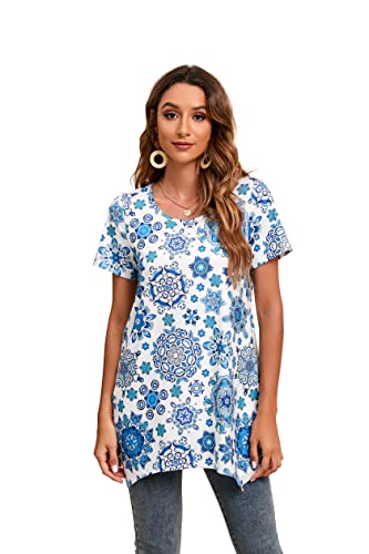 Enmain Damen Tunika Top Weiß Kurzarm Blume Blusen Tuniken Longline Bluse Longshirt Casual Elegante Rundhals Swing Tunika Shirt für Sommer M von Enmain