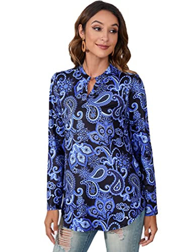 Enmain Damen Tunika Tops Langarm Bluse Shirts V-Ausschnitt 3/4 Ärmel Bluse Tunika Klassisch Blu Paisley Printed Tunika Tops für Damen,XXL von Enmain