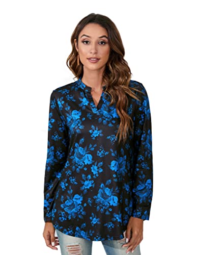 Enmain Damen Tunika Tops Langarm Bluse Shirts V-Ausschnitt Schwarz 3/4 Ärmel Bluse Tunika Blu Rose Printed Tunika Tops für Damen, M von Enmain