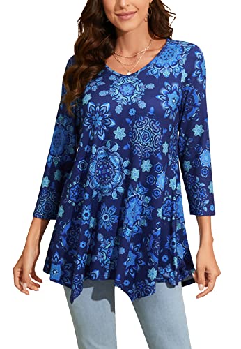 Enmain Damen Tunika V Ausschnitt Langarm 3/4 Ärmel Longbluse Musterdruck Lange Oberteile Für Frauen Große Größen Shirt Tuniken Blusen,Blau,2XL von Enmain