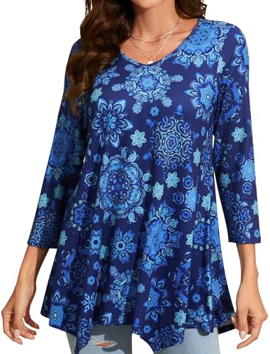 Enmain Damen Tunika V Ausschnitt Langarm 3/4 Ärmel Longbluse Musterdruck Lange Oberteile Für Frauen Große Größen Shirt Tuniken Blusen,Blau,XL von Enmain