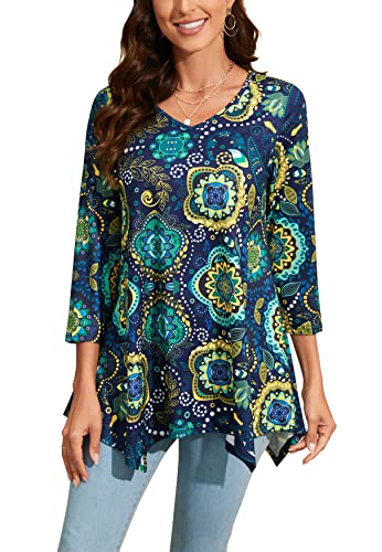 Enmain Damen Tunika V Ausschnitt Langarm 3/4 Ärmel Longbluse Musterdruck Lange Oberteile Für Frauen Große Größen Shirt Tuniken Blusen,Blau & Grün,3XL von Enmain