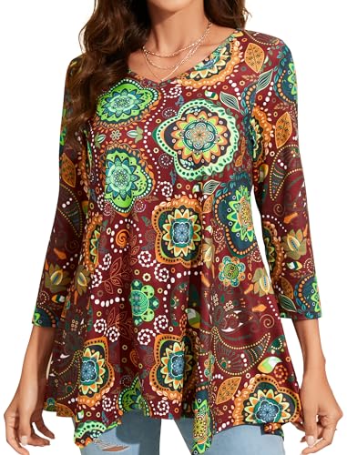 Enmain Damen Tunika V Ausschnitt Langarm 3/4 Ärmel Longbluse Musterdruck Lange Oberteile Für Frauen Große Größen Shirt Tuniken Blusen,Burgunderrot,M von Enmain