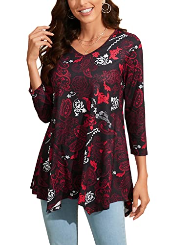 Enmain Damen Tunika V Ausschnitt Langarm 3/4 Ärmel Longbluse Musterdruck Lange Oberteile Für Frauen Große Größen Shirt Tuniken Blusen,Rot,2XL von Enmain