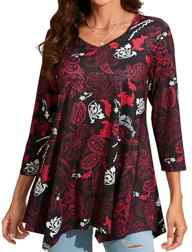 Enmain Damen Tunika V Ausschnitt Langarm 3/4 Ärmel Longbluse Musterdruck Lange Oberteile Für Frauen Große Größen Shirt Tuniken Blusen,Rot,L von Enmain