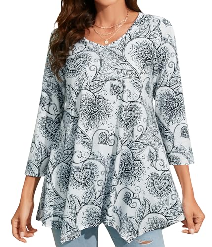 Enmain Damen Tunika V Ausschnitt Langarm 3/4 Ärmel Longbluse Musterdruck Lange Oberteile Für Frauen Große Größen Shirt Tuniken Blusen,Weiß,L von Enmain