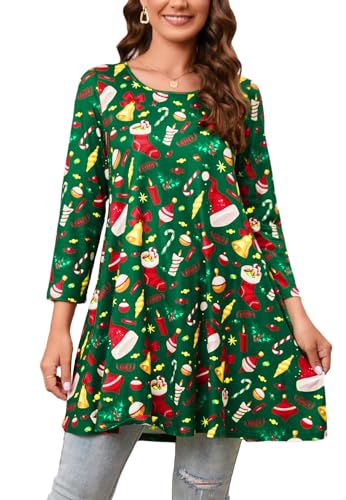 Enmain Tunika Weihnachten Damen Langarm Weihnachtsbluse Große Größen Weihnachts Oberteil 3/4 Ärmel Festliche Longshirt Weihnachtstunika Tuniken Blusen,Grün 02,2XL von Enmain