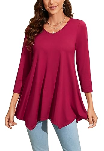 Enmain Damen Weinrotes Tunika V Ausschnitt Langarm 3/4 Ärmel Longbluse Einfarbige Lange Oberteile Für Frauen Große Größen Shirt Tuniken Blusen,Weinrot,3XL von Enmain