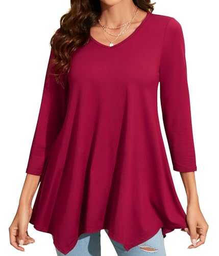 Enmain Damen Weinrotes Tunika V Ausschnitt Langarm 3/4 Ärmel Longbluse Einfarbige Lange Oberteile Für Frauen Große Größen Shirt Tuniken Blusen,Weinrot,XL von Enmain