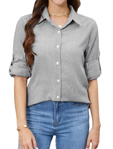 Enmain Damenblusen Langarm Gestreift Schwarz Bluse Damen Leinen Sommer Streifenbluse Casual Business Arbeit Button Down Hemd, XL von Enmain