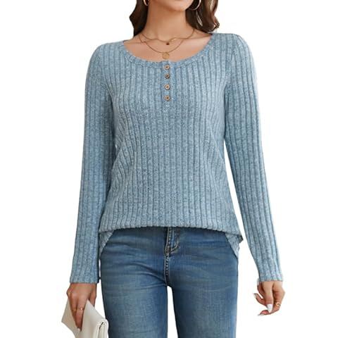 Enmain Damenpullover Langarm Blau Leichter Weich Strickpullover Herbst Lässige Rundhals-KnöPfe Elegant Tunika Bluse Henley Shirt L von Enmain