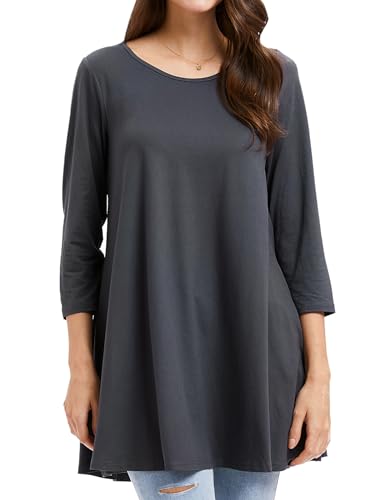 Enmain Dunkelgrau Damen Tunika Oberteile für Damen Dreivierte Langarm Blusen Tuniken Longline Bluse Longshirt Casual Rundhals Swing Tunika Tops XL von Enmain