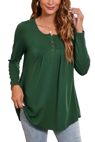 Enmain Dunkelgrün Tunika Damen Langarm Plus Größe Tunika für Leggings Loose Small V Neck Longline Bluse T Shirt Buttons Up,L1-Dunkelgrün,2XL von Enmain