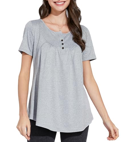 Enmain Grau Tunika Oberteile Damen Kurzarm Plus Größe für Leggings Loose Small V Neck Bluse T-Shirt Buttons Up Einfarbig, S2-Grau, 3XL von Enmain