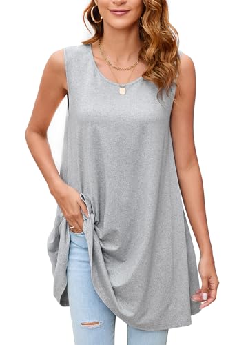 Enmain Graue Tank Tops Damen Ärmellose Sommer Tunika Top Große Größen Lang Locker T-Shirts Longbluse Longshirt Oberteile Lässig für Leggings L von Enmain