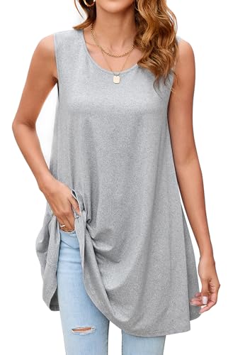 Enmain Graue Tank Tops Damen Sommer Ärmellose Tunika Top Lang Große Größen Longbluse Longshirt Lässig für Leggings Oberteile Bluse Locker S von Enmain