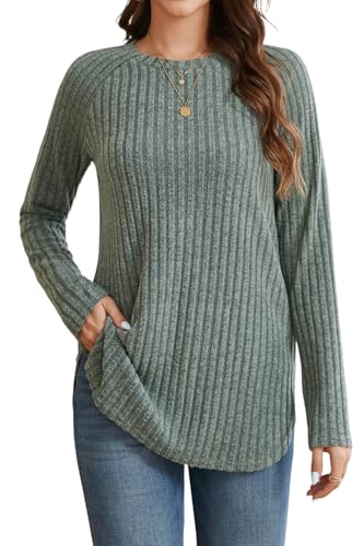 Enmain Grün Pullover Damen Langarm Rundhals Leichter Sweatshirt Elegant Lässige Locker Strickpullover für Herbst Winter L von Enmain