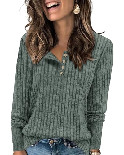 Enmain Grün Strickpullover für Damen Langarm Leichte Herbst Pullover Rundhals-Knöpfe Lässige Elegant Sweatshirt Tunika Tops 3XL von Enmain