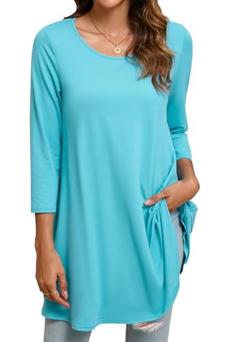 Enmain Hellblau Damen Tunika Oberteile für Damen Dreiviertel Langarm Blusen Tuniken Longline Bluse Longshirt Casual Rundhals Swing Tunika, L1-Hellblau, XL von Enmain