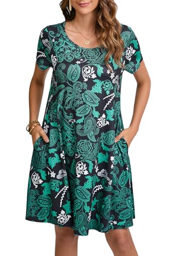 Enmain Kleider Damen Sommer Kurzarm Knielänge T-Shirt Kleid Elegant Lässiges Boho Strandkleid mit Taschen, Türkis, M von Enmain