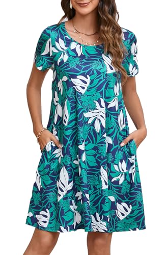 Enmain Kleider Damen Sommer Kurzarm Knielänge T-Shirt Kleid Elegant Lässiges Boho Strandkleid mit Taschen, Weißes Blatt-Marineblau, L von Enmain