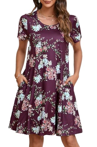 Enmain Kleider Damen Sommer Kurzarm Loose Swing T-Shirt Kleid Elegant Lässiges Boho Große Größen Sommerkleid Strandkleid mit Taschen, Dunkelrot, 2XL von Enmain