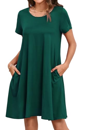 Enmain Kleider Damen Sommer Kurzarm Loose Swing T-Shirt Kleid Elegant Lässiges Boho Große Größen Sommerkleid Strandkleid mit Taschen, Grün, S von Enmain