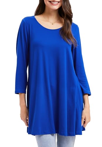 Enmain Königsblau Damen Tunika Oberteile für Damen Dreiviertel Langarm Blusen Tuniken Longline Bluse Longshirt Casual Rundhals Swing Tunika Tops 3XL von Enmain