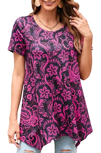 Enmain Kurzarm Tunika Damen Schwarz Rosa Bluse Plissiertes Swing Oberteil Damen Longline Elegante Blusen mit Rundhalsausschnitt für den Sommer Urlaub, Rosa/Schwarz, XL von Enmain