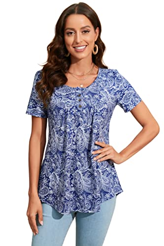 Enmain Kurzarm Tunika für Damen Loose Longline V-Neck Tops für Leggings Bluse Plus Größe T-Shirt Buttons Up Floral, S1-Blau/Weiß, XL von Enmain