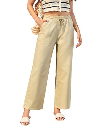 Enmain Leinenhose Damen Beige Leicht Sommerhose Gummizug Gerade Geschnitten Casual Strandhose mit Taschen für Urlaub S von Enmain