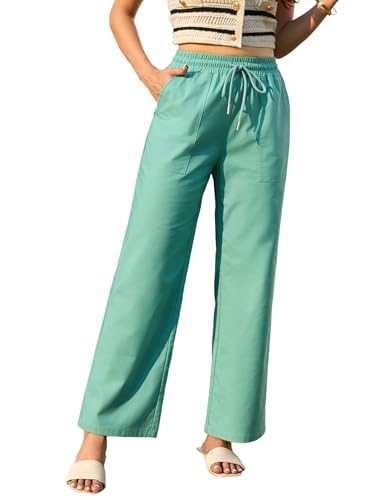 Enmain Leinenhose Damen Sommer Hose Leicht Einfarbig Freizeithose Gerade Geschnitten Gummizug Stoffhose mit Taschen für Urlaub Strand Teal XL von Enmain