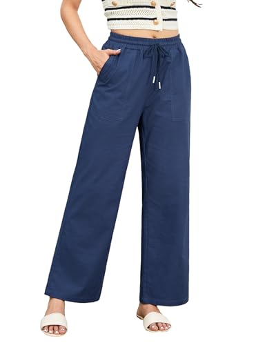 Enmain Leinenhose Damen Sommer Hose Leicht Gummizug Einfarbig Freizeithose Strandhose mit Taschen für Urlaub Strand Marineblau M von Enmain