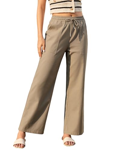 Enmain Leinenhose Damen Sommer Leicht Strandhose Gummizug Gerade Geschnitten Reisehose Einfarbig mit Taschen für Urlaub Dunkel Khaki 2XL von Enmain