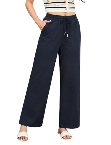 Enmain Leinenhose Damen Sommer Leicht Strandhose Gummizug Gerade Geschnitten Reisehose Einfarbig mit Taschen für Urlaub Dunkelblau XL von Enmain