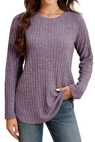 Enmain Lila Damen Pullover Langarm Leichter Strickpullover Damen Herbst Winter Große Größen Rundhals Sweatshirt Elegant Locker Lässige Oberteile 3XL von Enmain