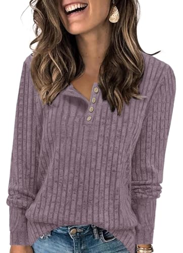 Enmain Lila Strickpullover für Damen Langarm Leichte Herbst Pullover Rundhals-Knöpfe Lässige Elegant Sweatshirt Tunika Tops XL von Enmain