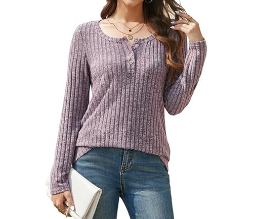 Enmain Lila Strickpullover für Damen Langarm Leichte Herbst Pullover Rundhals-Knöpfe Lässige Elegant Sweatshirt Tunika Tops XXL von Enmain