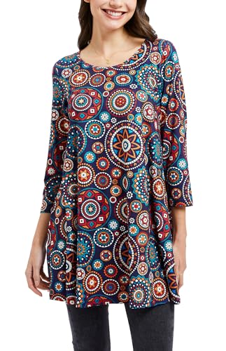 Enmain Damen Tunika Langarm Große Größen Elegant Blusen Tuniken Für Frauen Weihnachten Festliche Bluse Long Oberteil Shirt,Marineblau & Orange,L von Enmain