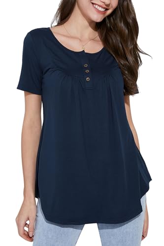 Enmain Marineblau Tunika Oberteile Damen Kurzarm Plus Größe Tunika für Leggings Loose Small V Neck Damen Tunika Bluse T Shirt Buttons Up Bluse Einfarbig Damen Tunika,S2-Marineblau,2XL von Enmain