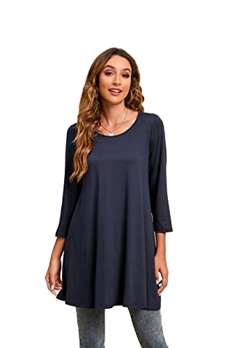 Enmain Navy Blau Blusen Tunika für Damen Langarm Tuniken Longline Bluse Longshirt Elegante Lässige Langarmshirt Rundhals Swing Tuniken Tops 3XL von Enmain