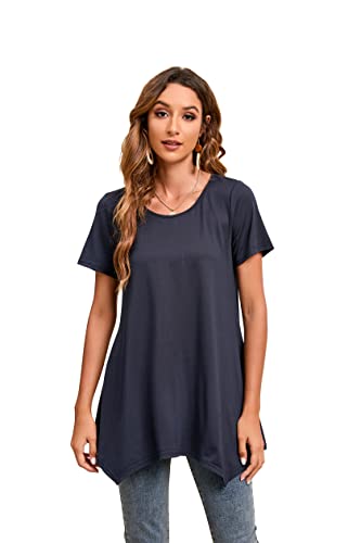 Enmain Navy blau Tunika Top für Damen Kurzarm Blusen Tuniken Casual Rundhals Longshirt Elegant Oberteile Einfarbig L von Enmain