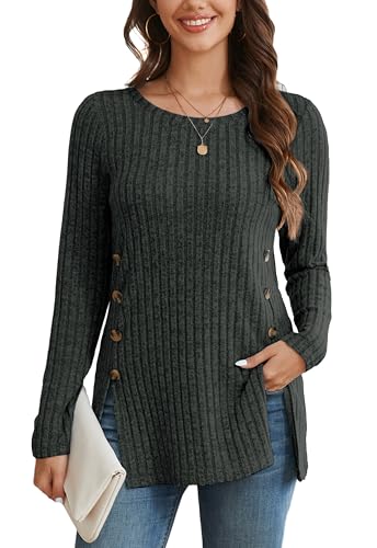 Enmain Pullover Damen Herbst Leichter Rundhals Langarm Sweatshirt Lässige Elegant Grau Strickpullover Locker L von Enmain