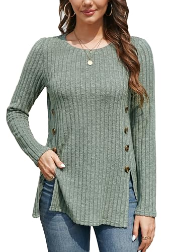 Enmain Pullover Damen Langarm Lässige Leichter Sweatshirt Herbst Elegant Rundhals Knöpfe Locker Strickpullover Grün L von Enmain