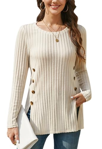 Enmain Pullover Damen Langarm Leichter Herbst Winter Strickpullover Beige Elegant Rundhals Sweatshirt Oversize S von Enmain